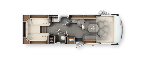 Grundriss integrierter Carthago c-line mit Längseinzelbetten, Komfort-Raumbad und Hubbett