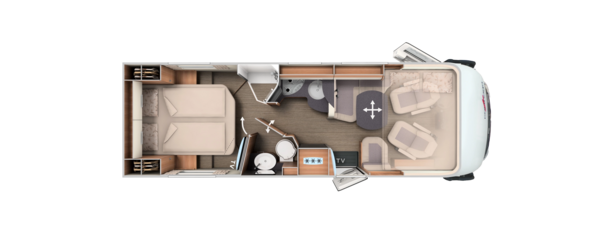 Grundriss integrierter Carthago mit Queensbett, Komfort-Raumbad und Hubbett