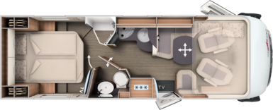 Grundriss integrierter Carthago mit Queensbett, Komfort-Raumbad und Hubbett