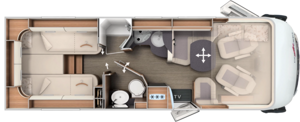 Grundriss integrierter Carthago mit Längseinzelbetten, Komfort-Raumbad und Hubbett