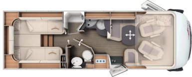 Grundriss integrierter Carthago mit Längseinzelbetten, Komfort-Raumbad und Hubbett