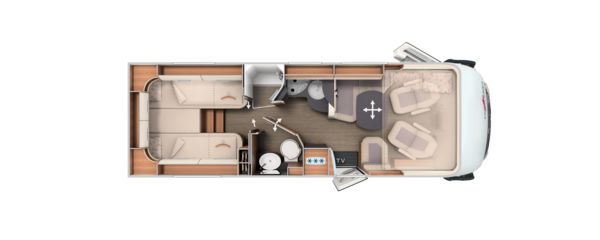Grundriss integrierter Carthago mit Längseinzelbetten, Komfort-Raumbad und Hubbett