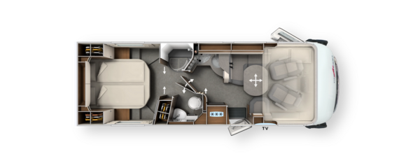 Grundriss integrierter Carthago c-line mit Queensbett, Komfort-Raumbad und Hubbett