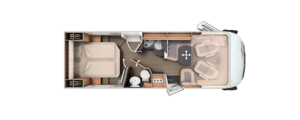 Grundriss integrierter Carthago mit Queensbett, Komfort-Raumbad und Hubbett