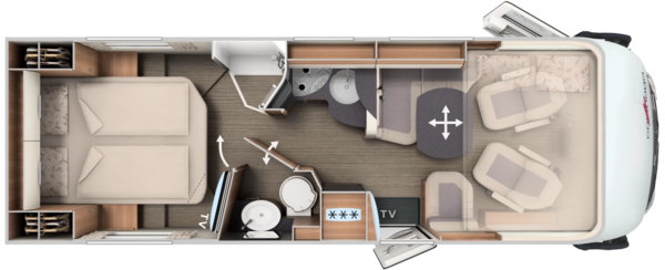 Grundriss integrierter Carthago mit Queensbett, Komfort-Raumbad und Hubbett
