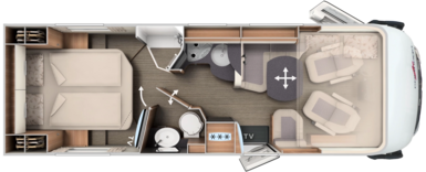 Grundriss integrierter Carthago mit Queensbett, Komfort-Raumbad und Hubbett