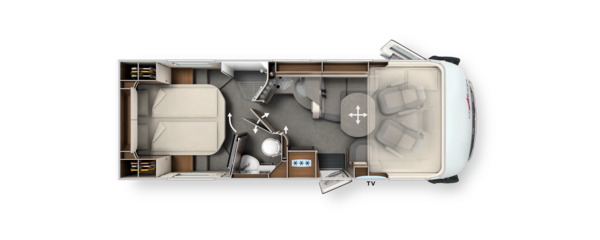 Grundriss integrierter Carthago c-line mit Queensbett, Komfort-Raumbad und Hubbett