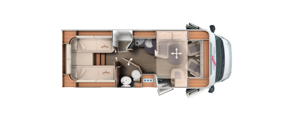 Grundriss teilintegrierter Carthago mit Längseinzelbetten, Komfort-Raumbad und Zentralhubbett