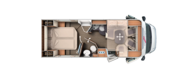 Grundriss teilintegrierter Carthago mit Queensbett, Komfort-Raumbad und Zentralhubbett