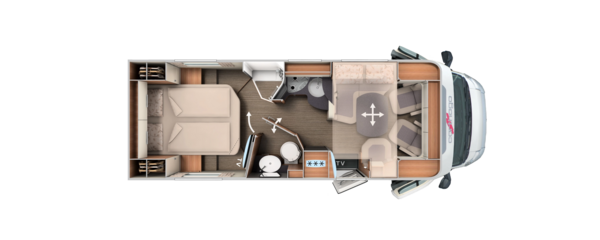 Grundriss teilintegrierter Carthago mit Queensbett, Komfort-Raumbad und Zentralhubbett