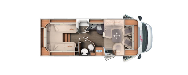 Grundriss teilintegrierter Carthago mit Längseinzelbetten, Komfort-Raumbad und Zentralhubbett