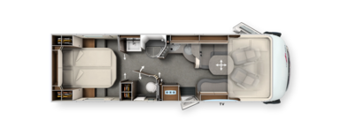 Grundriss integrierter Carthago c-line mit Queensbett, Komfort-Raumbad und Hubbett