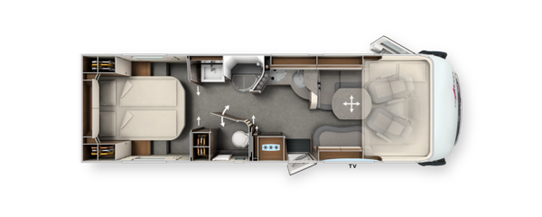 Grundriss integrierter Carthago c-line mit Queensbett, Komfort-Raumbad und Hubbett