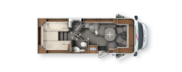 Grundriss teilintegrierter Carthago c-line mit Längseinzelbetten und Komfort-Raumbad