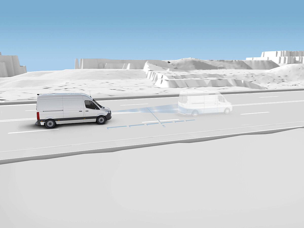 Grafische Demonstration des Abstandsassistent beim Mercedes- Benz Sprinter
