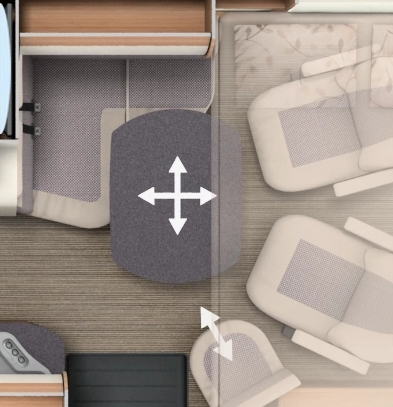 Grundriss integrierter Carthago mit Längseinzelbetten, Schwenkbad und Hubbett