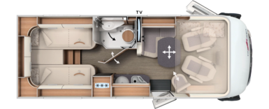 Grundriss integrierter Carthago mit Längseinzelbetten, Schwenkbad und Hubbett