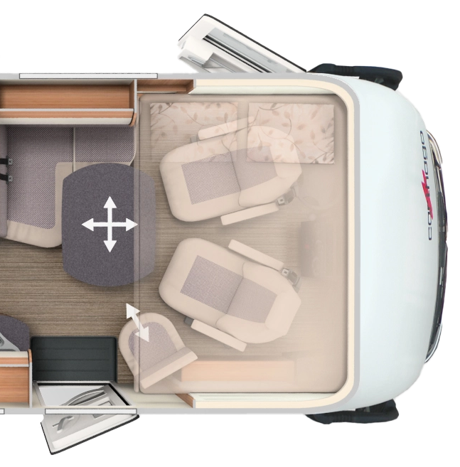 Grundriss integrierter Carthago mit Längseinzelbetten, Schwenkbad und Hubbett