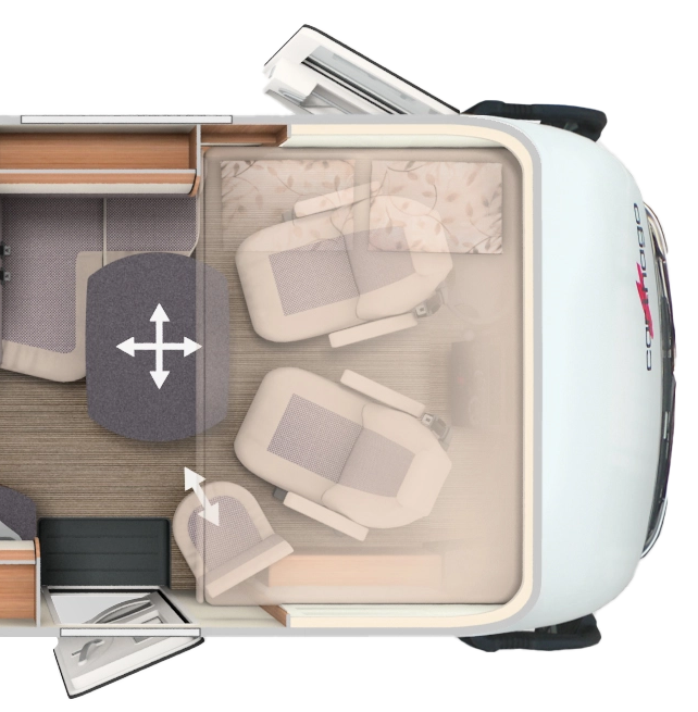 Grundriss integrierter Carthago mit Längseinzelbetten, Schwenkbad und Hubbett