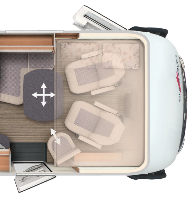 Grundriss integrierter Carthago mit Längseinzelbetten, Schwenkbad und Hubbett