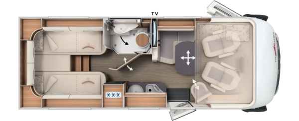 Grundriss integrierter Carthago mit Längseinzelbetten, Schwenkbad und Hubbett