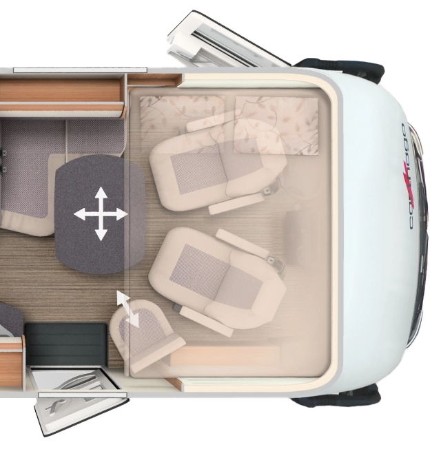 Grundriss integrierter Carthago mit Längseinzelbetten, Schwenkbad und Hubbett