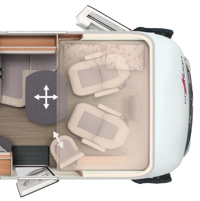 Grundriss integrierter Carthago mit Längseinzelbetten, Schwenkbad und Hubbett