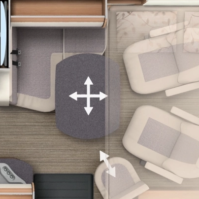 Grundriss integrierter Carthago mit Längseinzelbetten, Schwenkbad und Hubbett