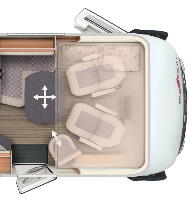 Grundriss integrierter Carthago mit Längseinzelbetten, Schwenkbad und Hubbett