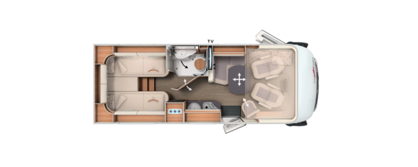 Grundriss integrierter Carthago mit Längseinzelbetten, Schwenkbad und Hubbett