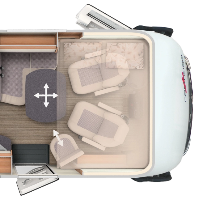 Grundriss integrierter Carthago mit Längseinzelbetten, Schwenkbad und Hubbett