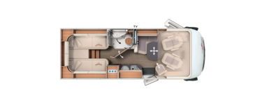 Grundriss integrierter Carthago mit Längseinzelbetten, Schwenkbad und Hubbett