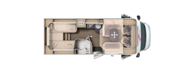 Grundriss teilintegrierter Carthago mit Längseinzelbetten, Bad und Zentralhubbett