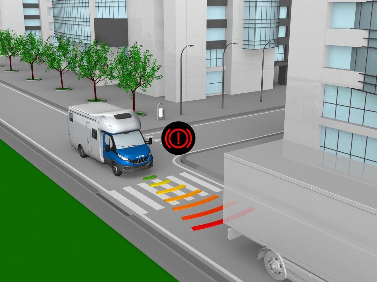 Grafische Demonstration des Notbremsassistenten beim Iveco