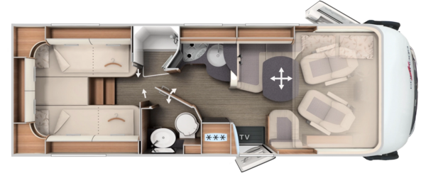 Grundriss integrierter Carthago mit Längseinzelbetten, Komfort-Raumbad und Hubbett