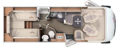 Grundriss integrierter Carthago mit Längseinzelbetten, Komfort-Raumbad und Hubbett