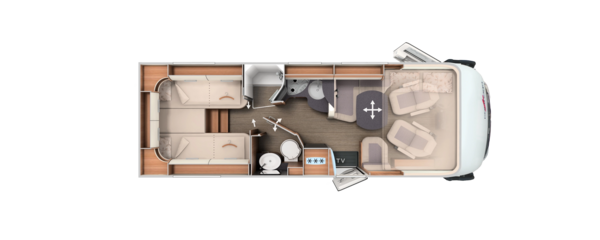 Grundriss integrierter Carthago mit Längseinzelbetten, Komfort-Raumbad und Hubbett