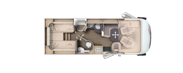 Grundriss integrierter Carthago mit Längseinzelbetten, Komfort-Raumbad und Hubbett