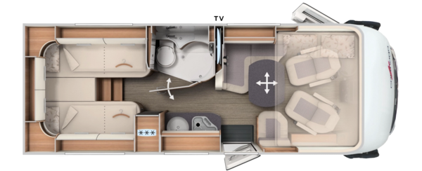 Grundriss integrierter Carthago mit Längseinzelbetten, Bad und Hubbett