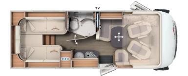 Grundriss integrierter Carthago mit Längseinzelbetten, Bad und Hubbett