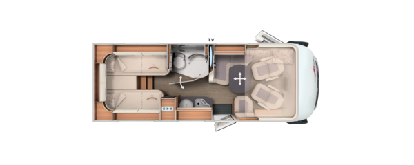 Grundriss integrierter Carthago mit Längseinzelbetten, Bad und Hubbett