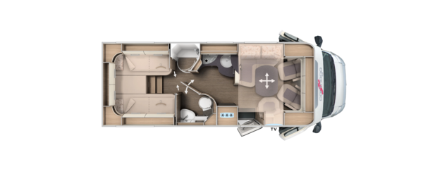 Grundriss teilintegrierter Carthago mit Längseinzelbetten, Komfort-Raumbad und Zentralhubbett