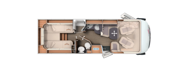 Grundriss integrierter Carthago mit Längseinzelbetten, Komfort-Raumbad und Hubbett