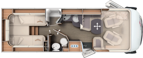 Grundriss integrierter Carthago mit Längseinzelbetten, Komfort-Raumbad und Hubbett