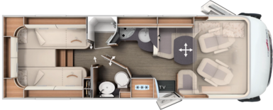 Grundriss integrierter Carthago mit Längseinzelbetten, Komfort-Raumbad und Hubbett