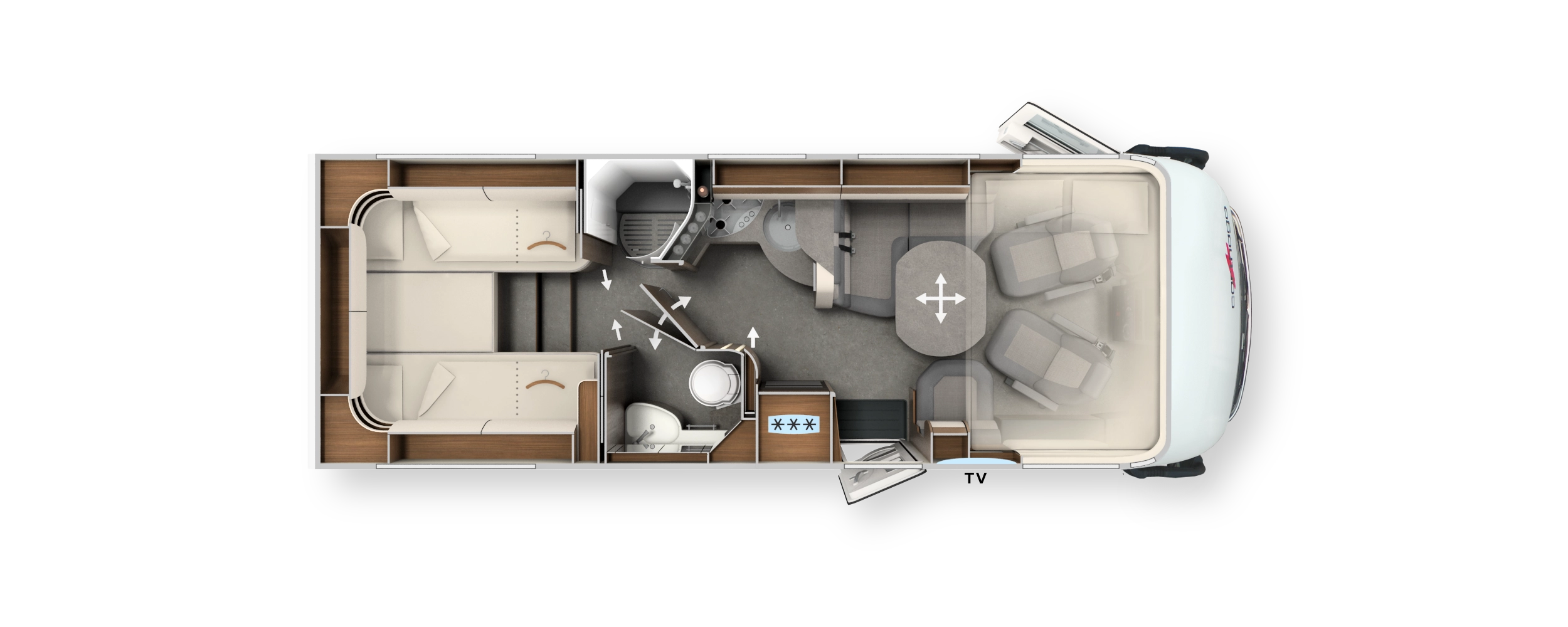 Grundriss integrierter Carthago c-line mit Längseinzelbetten, Komfort-Raumbad und Hubbett