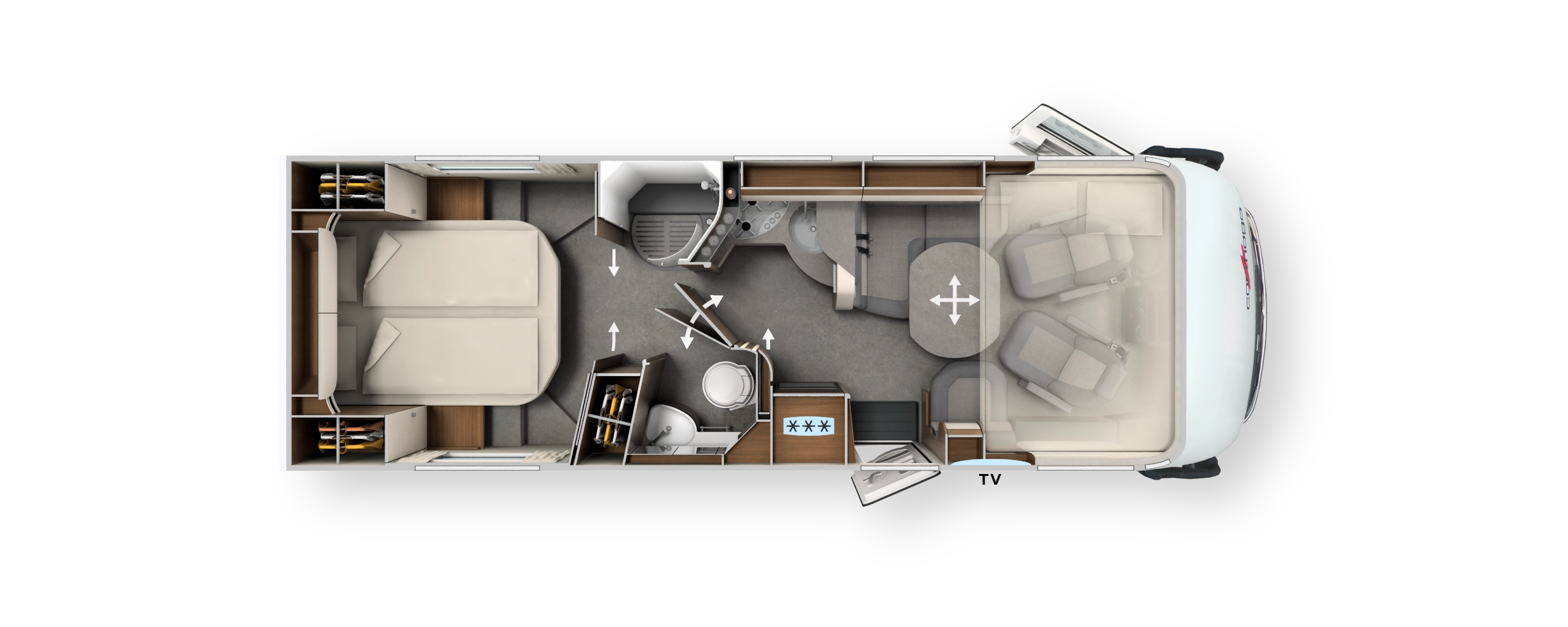 Grundriss integrierter Carthago c-line mit Queensbett, Komfort-Raumbad und Hubbett