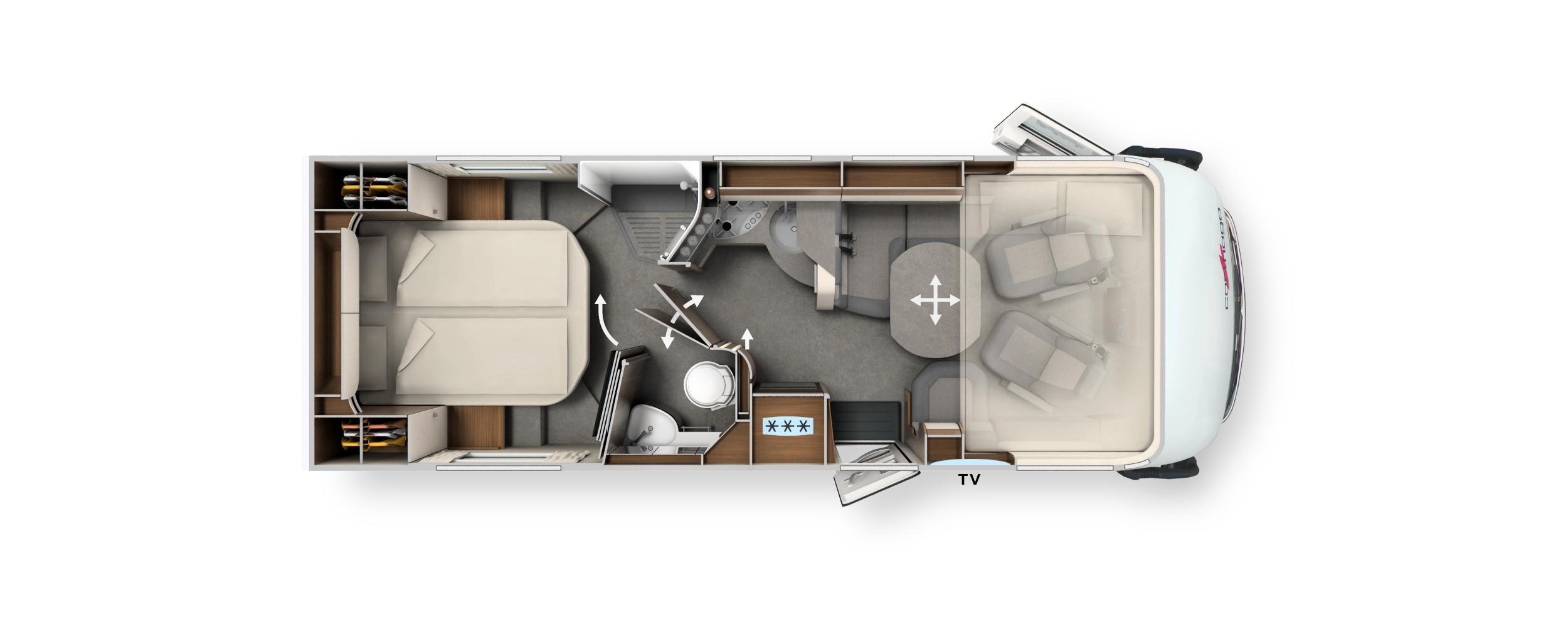 Grundriss integrierter Carthago c-line mit Queensbett, Komfort-Raumbad und Hubbett