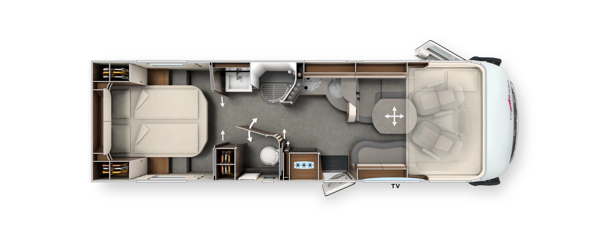 Grundriss integrierter Carthago c-line mit Queensbett, Komfort-Raumbad und Hubbett