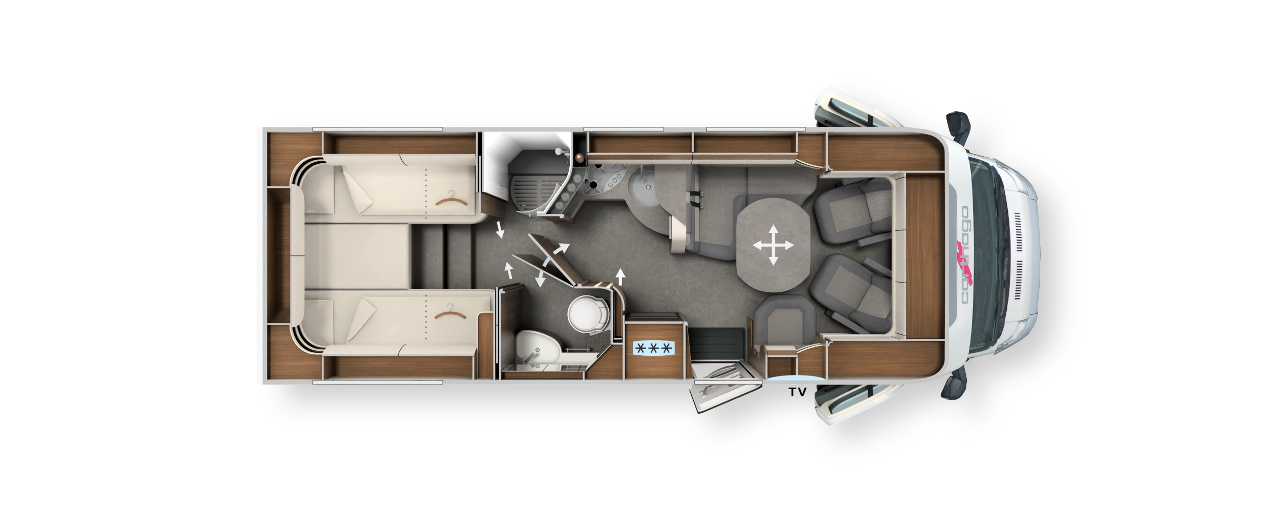 Grundriss teilintegrierter Carthago c-line mit Längseinzelbetten und Komfort-Raumbad